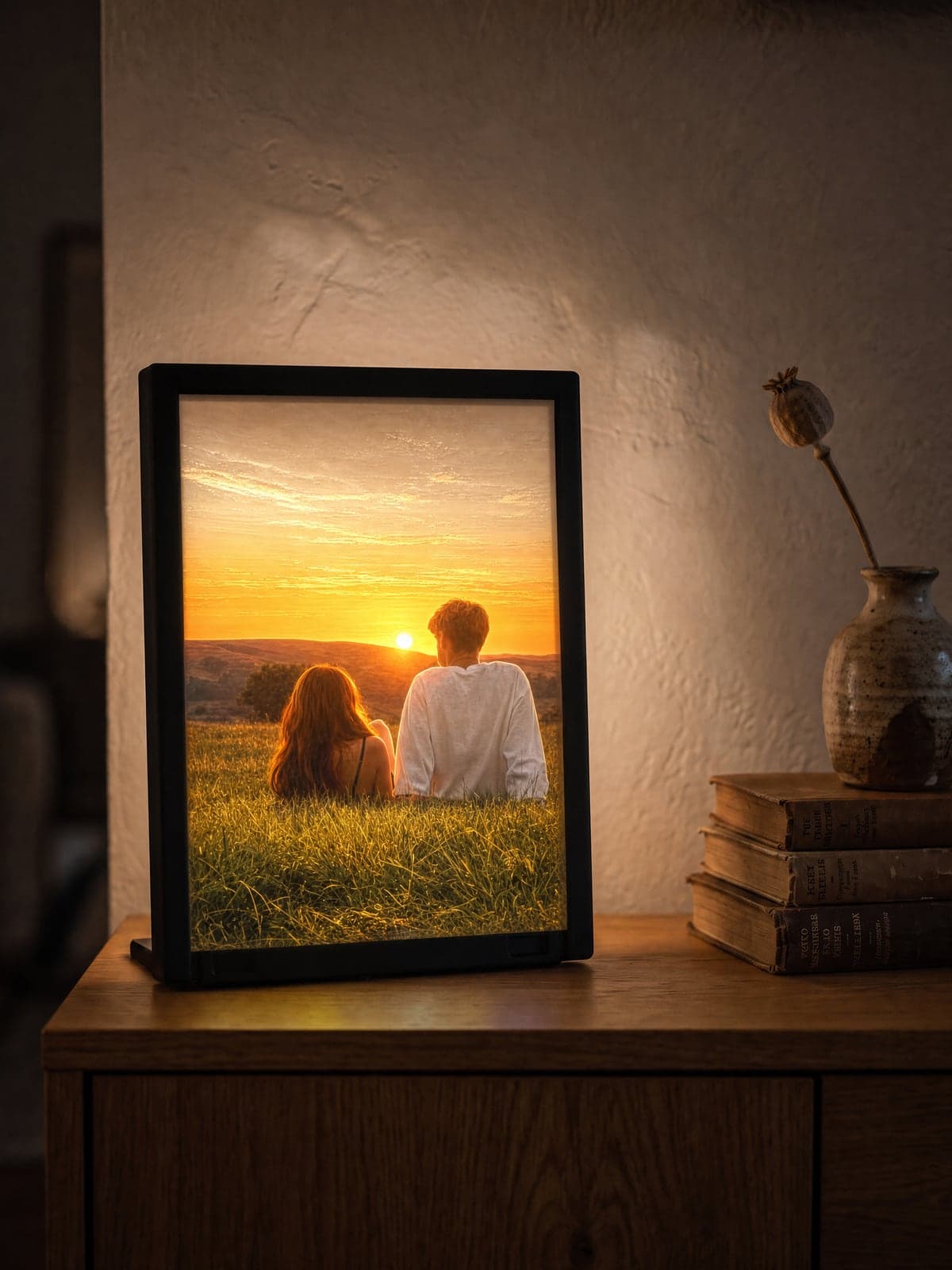 A backlit photo lithophane in a black frame, glowing on a wooden sideboard