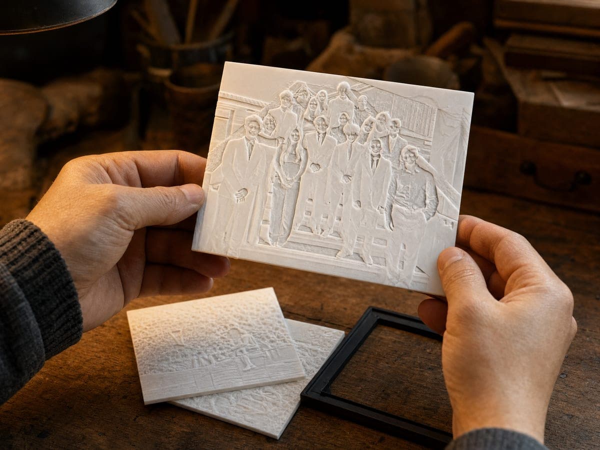 A maker holding a white lithophane relief plate over a workbench, with a black frame ready beside it
